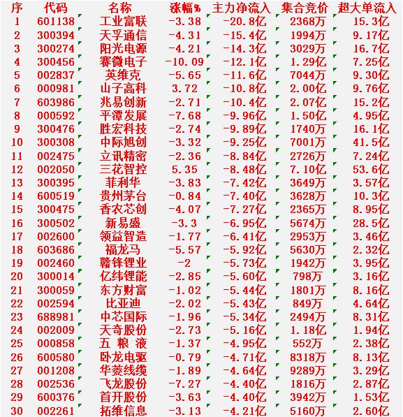 12月31日收盘，主力资金，已经大幅卖出的30名单：工业富联：净流入-20