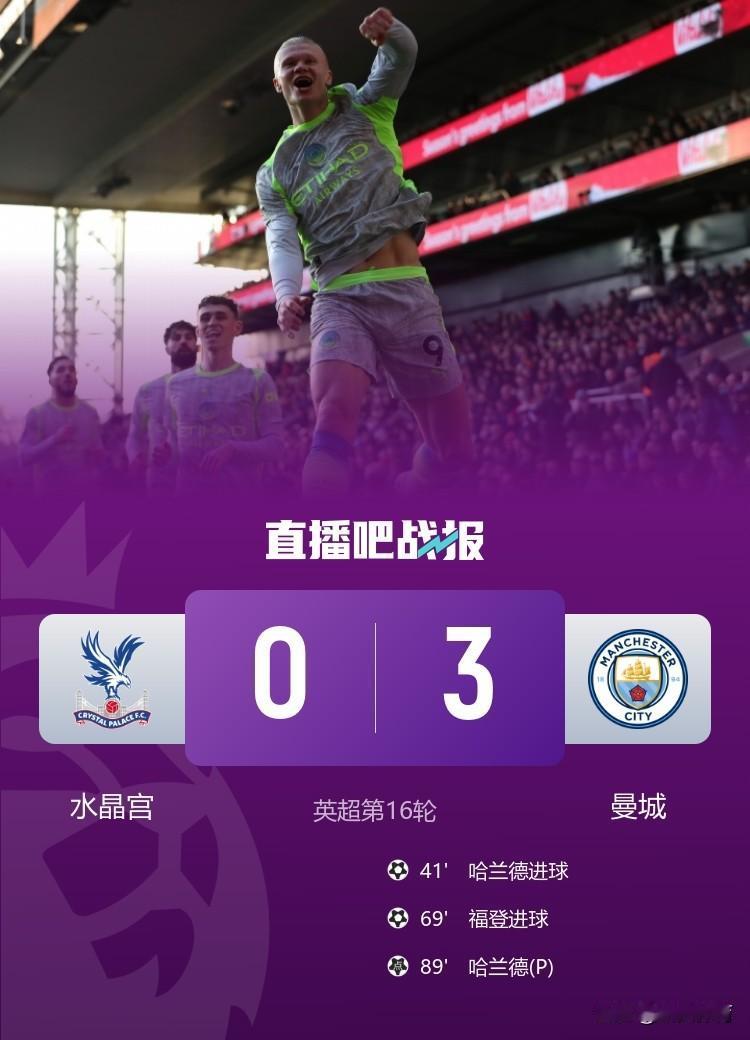 在刚刚结束的25/26英超联赛第十六轮的比赛中，曼城以3:0客场战胜水晶宫队！取