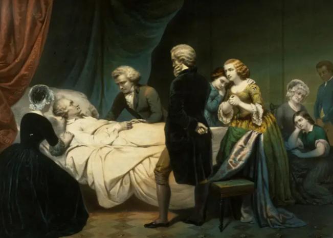 1799年，67岁的美国总统华盛顿奄奄一息的被两位医生死死按在手术台，他们用刀接