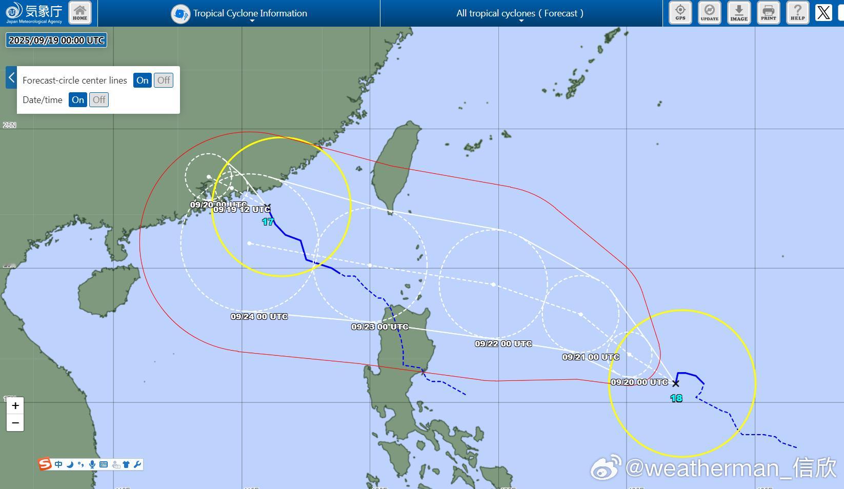 【台风米娜和桦加沙将接连登陆我国】预计17号台风米娜，19日晚上在广东汕尾至台山