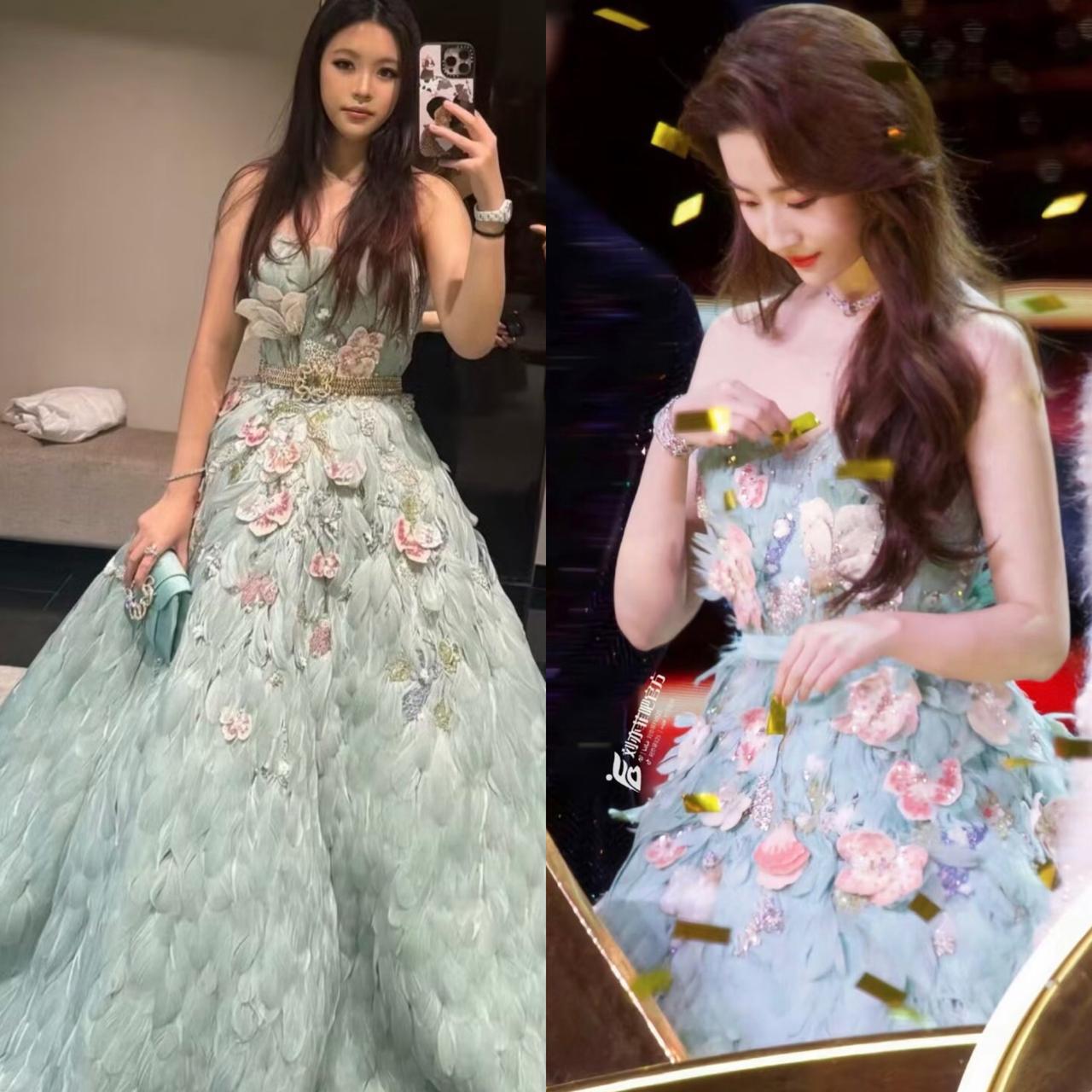 没刘亦菲漂亮，但是可以比刘亦菲有钱啊，美女晒刘亦菲同款孔雀裙有人问高定不是很