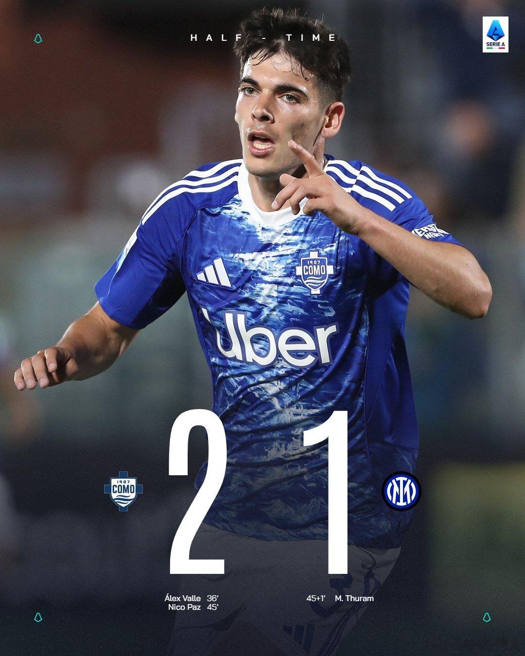 上半场比赛数据如下：比分：2-1控球率：51%-49%预期进球：0.90-0.1