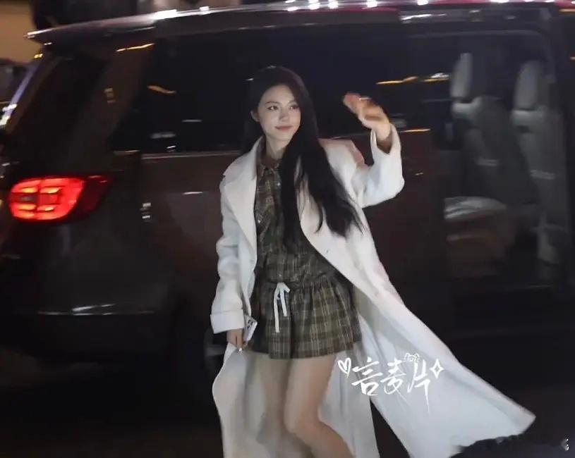 大衣敞开里面的好看多了，还拿掉了略显廉价的那个发卡，比白天那个搭配好多了