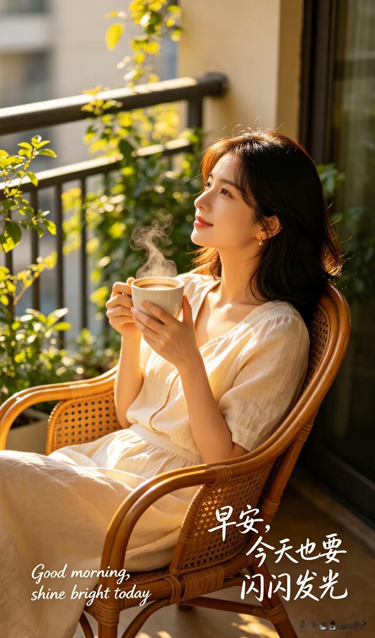 早起一杯热咖啡烦恼全部往外推对着阳光说早安满怀信心笑微微。