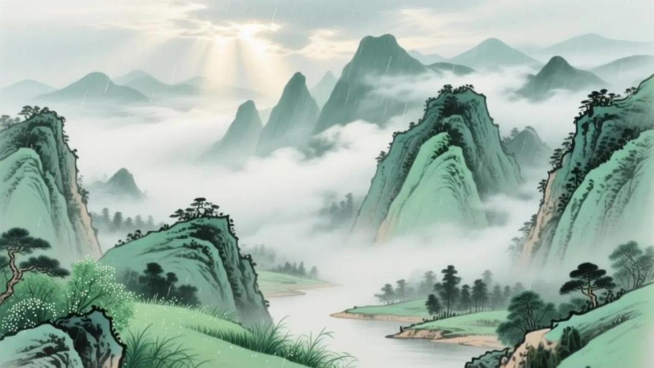 上联：雾散山峰秀，下联： 雨歇草木新。