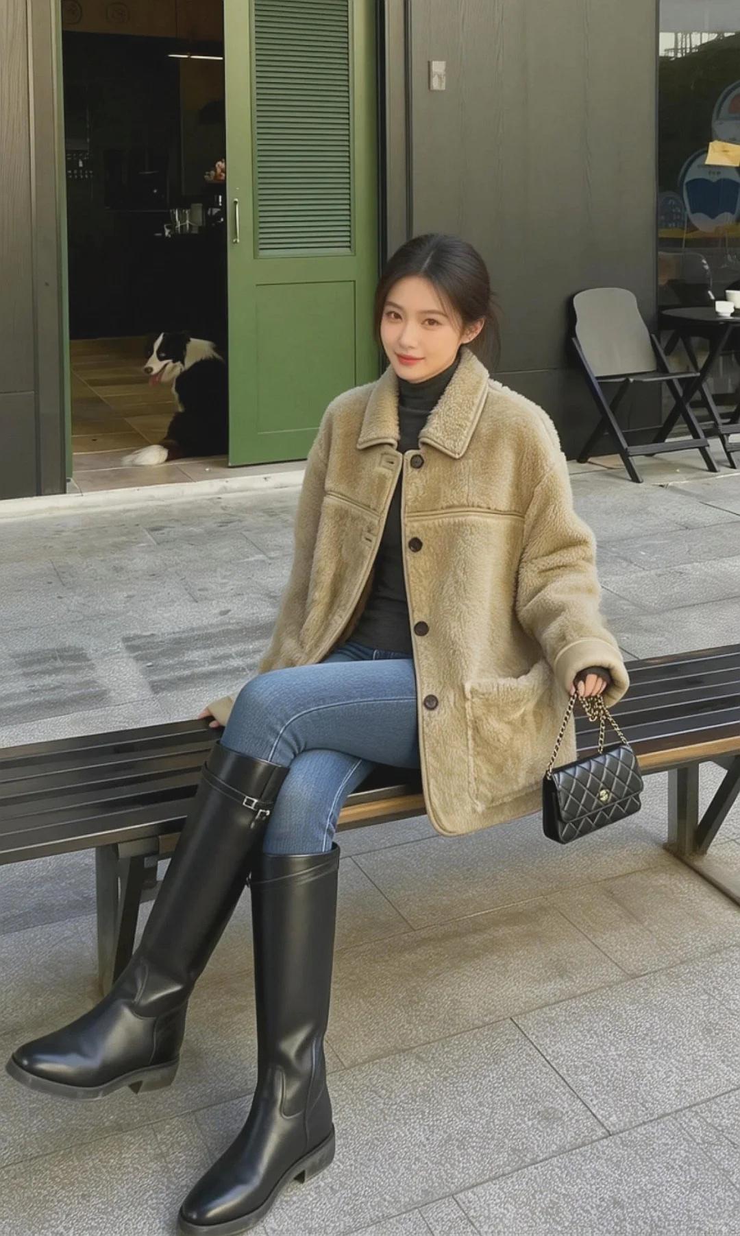 秋冬本命羊羔毛｜温柔又保暖的松弛感浅驼色外套软fufu的，像裹了团棉花内搭黑