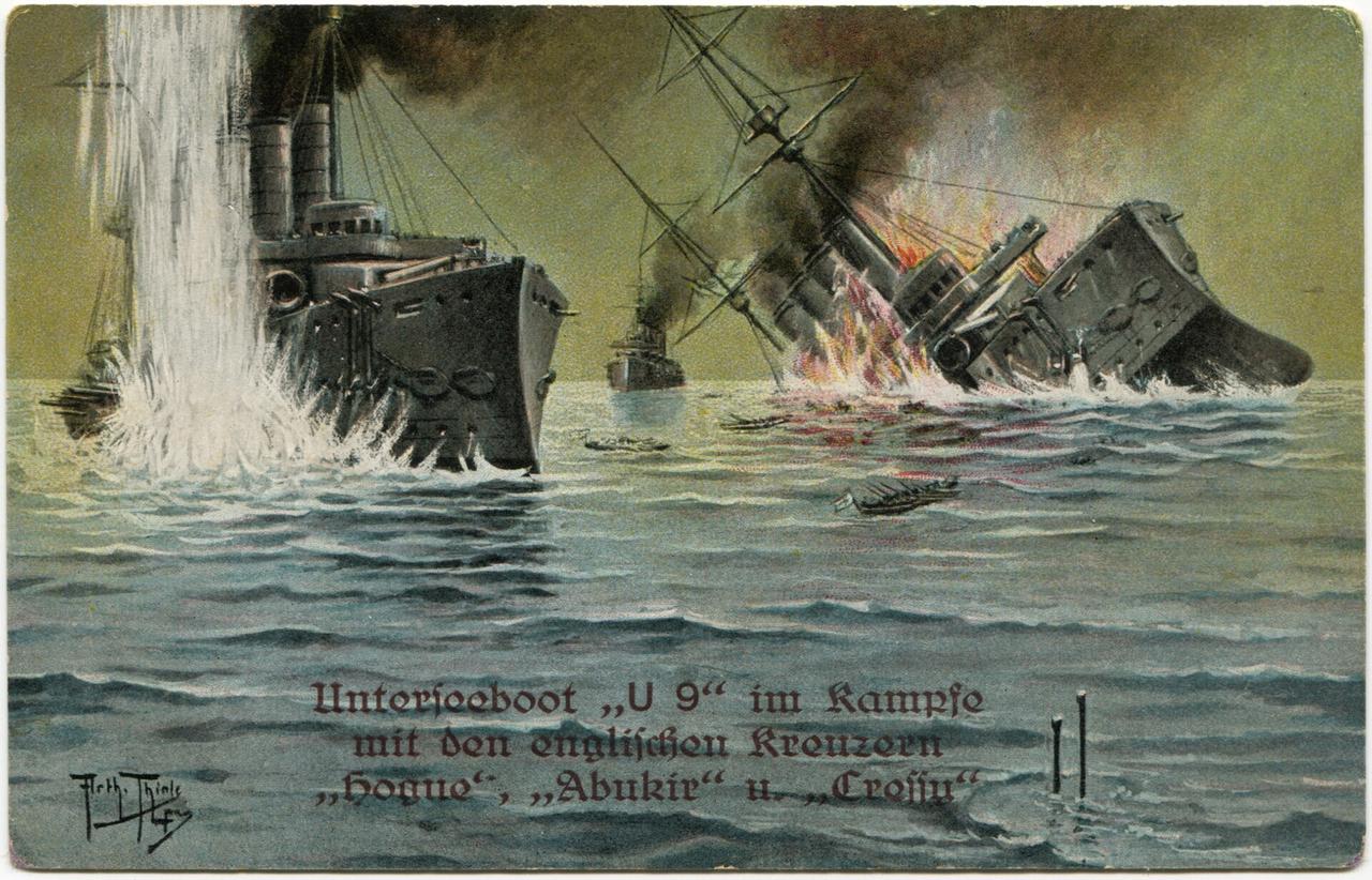 1914年9月22日，U-9号潜艇在北海用鱼雷击沉了三艘克雷西级装甲巡洋舰：阿布
