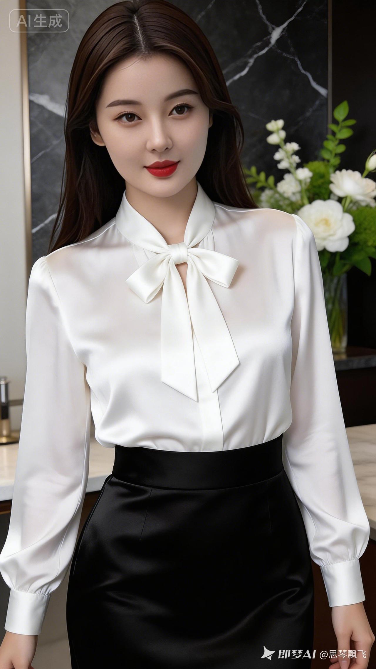 优雅白衬衫+黑色高腰裙，简约大方，职场必备！