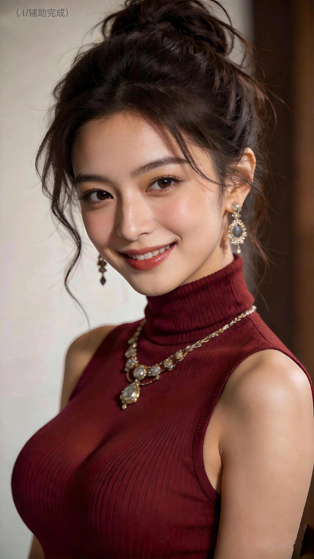 九帧同绘酒红温婉仙。高挽发髻碎发扬，酒红无袖上衣裹雅姿，颈间项链耳饰珠宝耀。眉眼