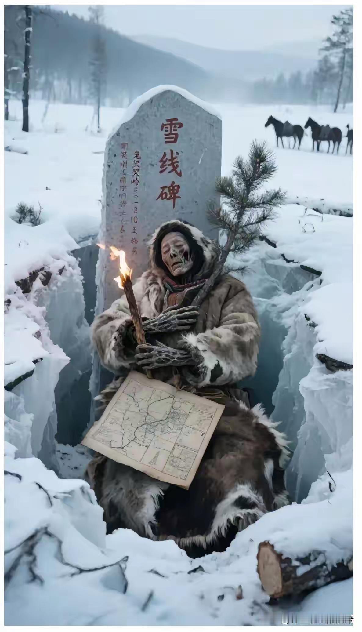 黑龙江漠河惊现“雪线碑！林场伐木炸山，冻土裂开一道冰窟，内立一具身披兽皮的枯尸，