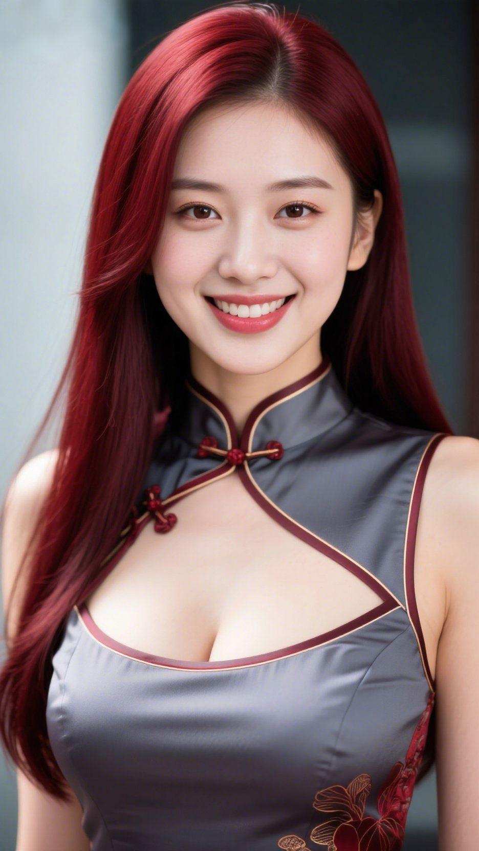 墨灰旗袍染红丝冷调的墨灰色旗袍缎面泛着细腻柔光，红棕镶边沿着襟口铺展成雅致