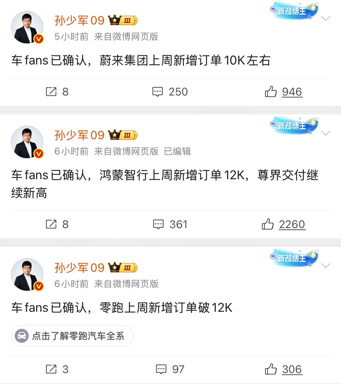 第45周（11月3日-11月9日）新增订单数据：蔚来新增订单约1万台鸿蒙智行