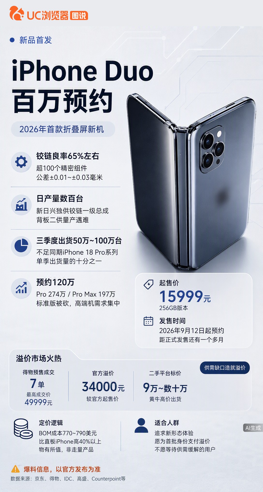iPhoneDuo预约破120万，黄牛炒到9万！但铰链良率仅65%，日产量才几百台。分析师预测三季度