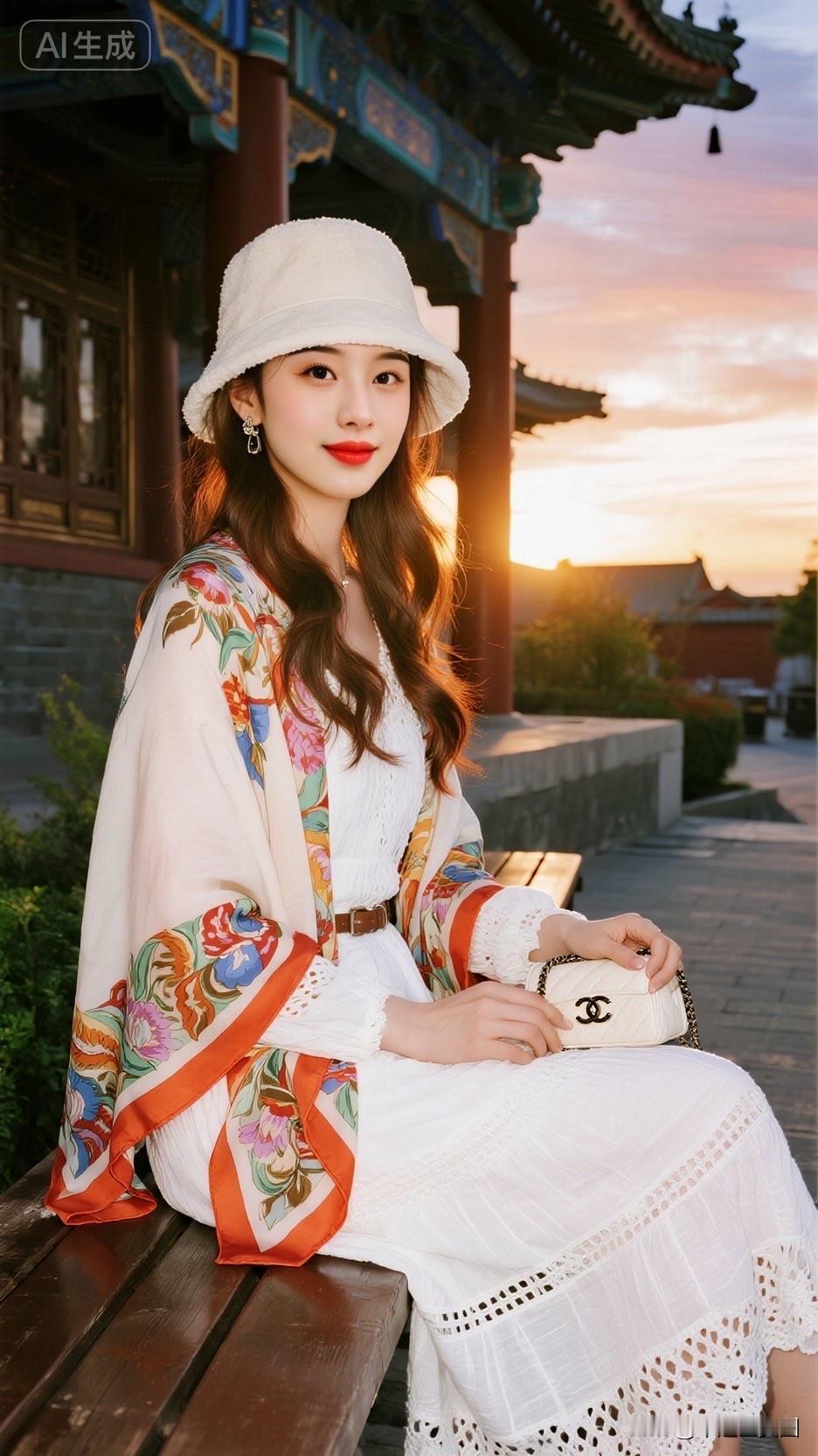 在故宫的秋日里，白色连衣裙搭配彩色披肩，优雅又时尚！