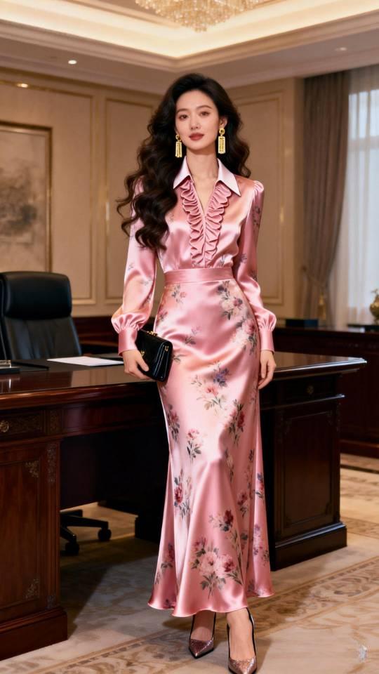 身穿粉红色真丝缎连衣裙女子办公室写真。连衣裙美女壁纸