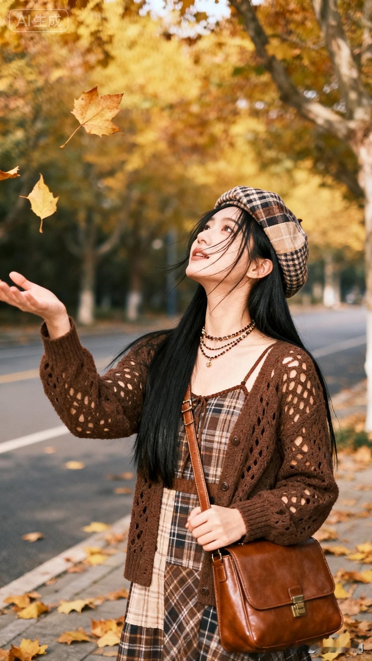 女孩在秋天接住飘落的树叶。