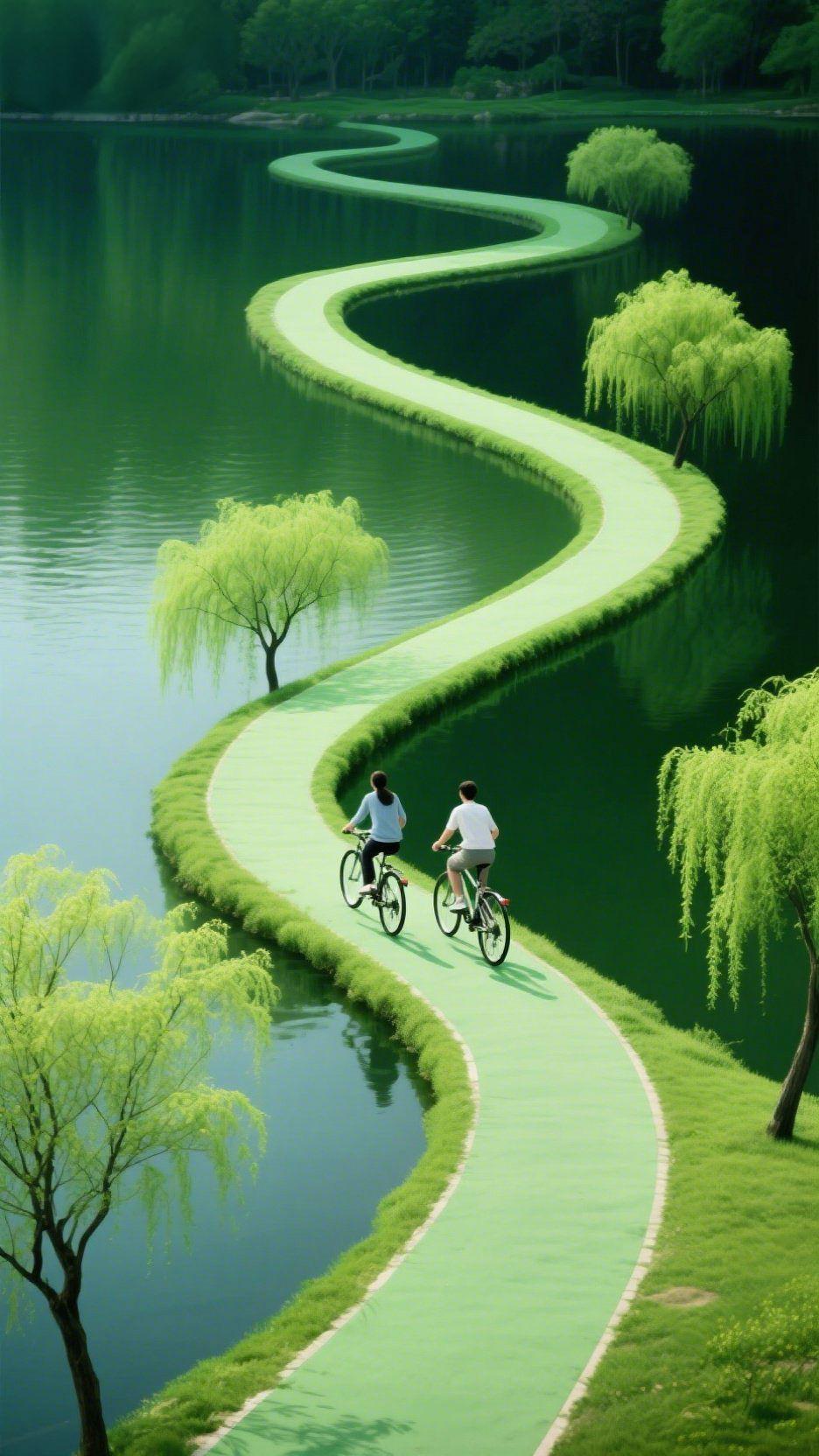 绿径蜿蜒入湖光谁能拒绝这样一场绿意的奔赴？一条翡翠般的绿道，如灵动的丝带，