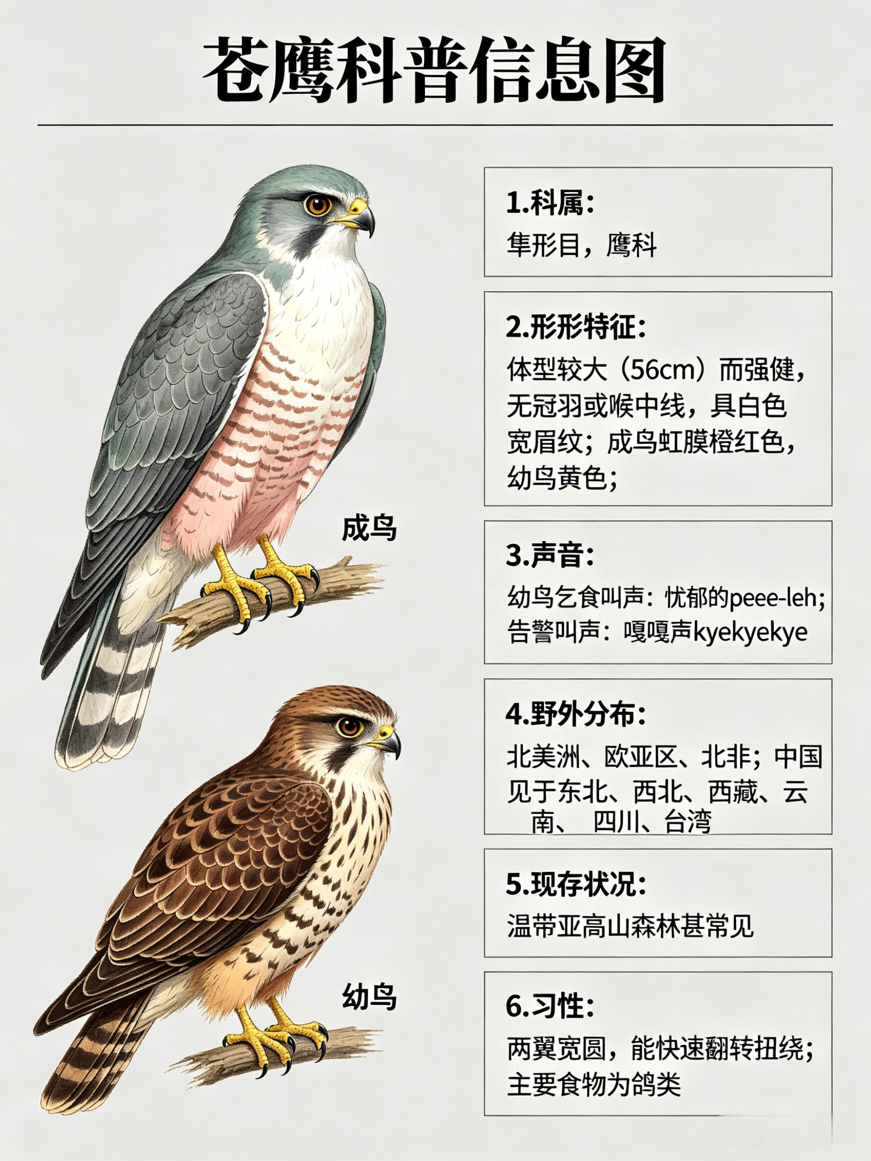 鸟类朋友图鉴苍鹰·科属：隼形目，鹰科。·外形特征：体型较大（56cm）而强健的