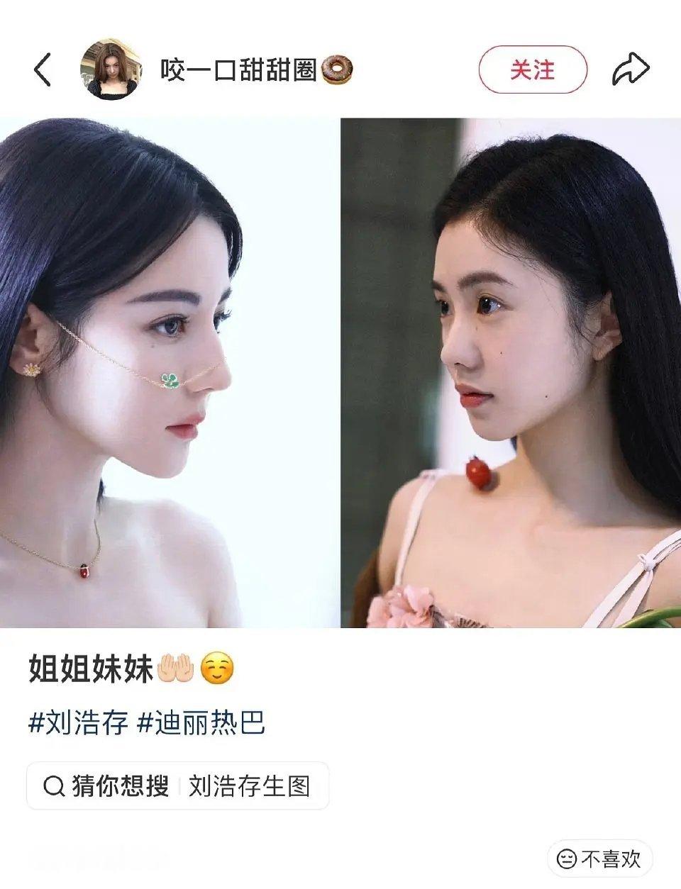 迪丽热巴和刘浩存的侧脸对比，感觉刘浩存颜值被吹得狠了。。