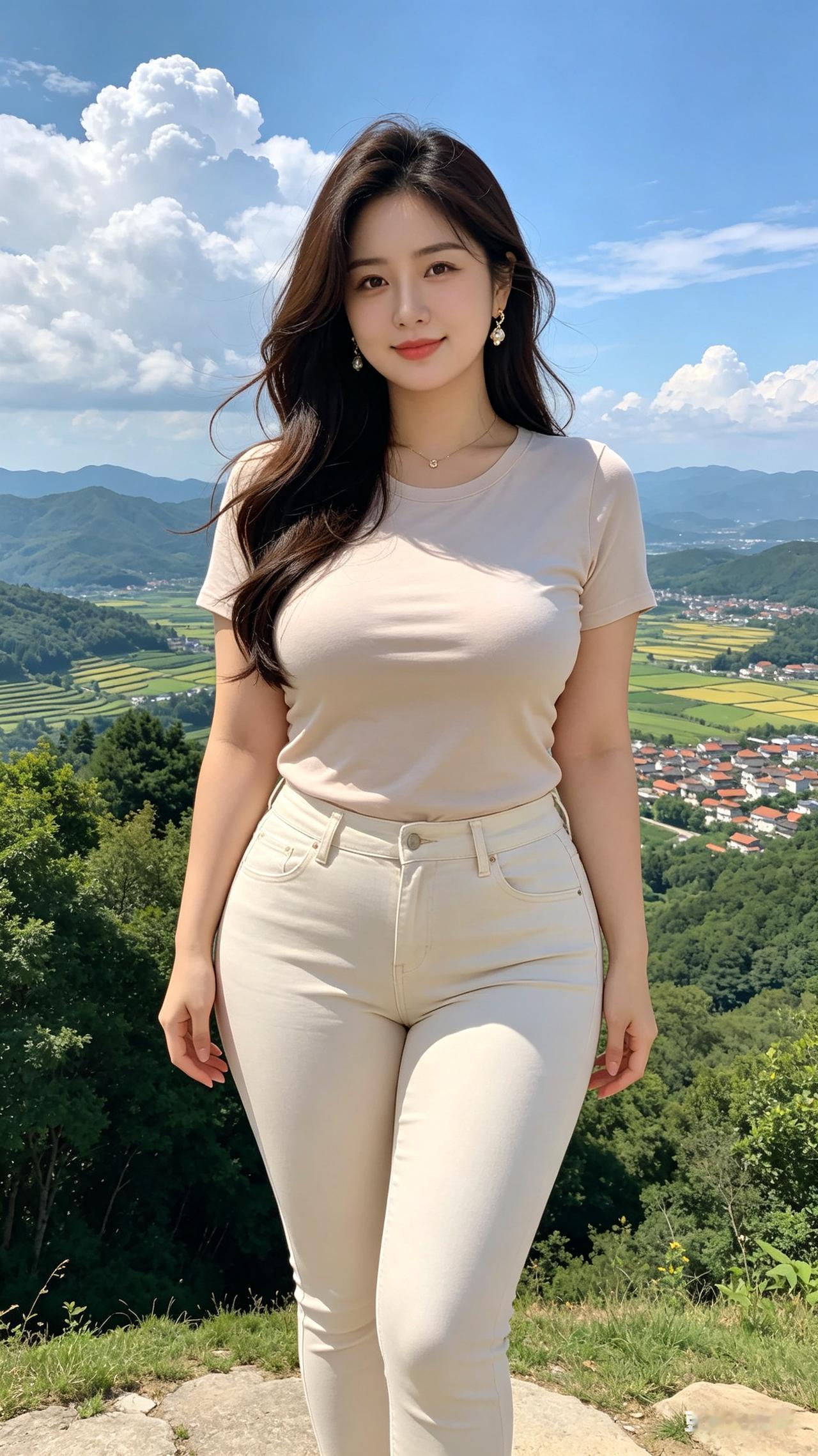 身形丰腴匀称的东方女子立于画面中心，柔发随风轻扬，浅色系修身穿搭纹理清晰，浅景深