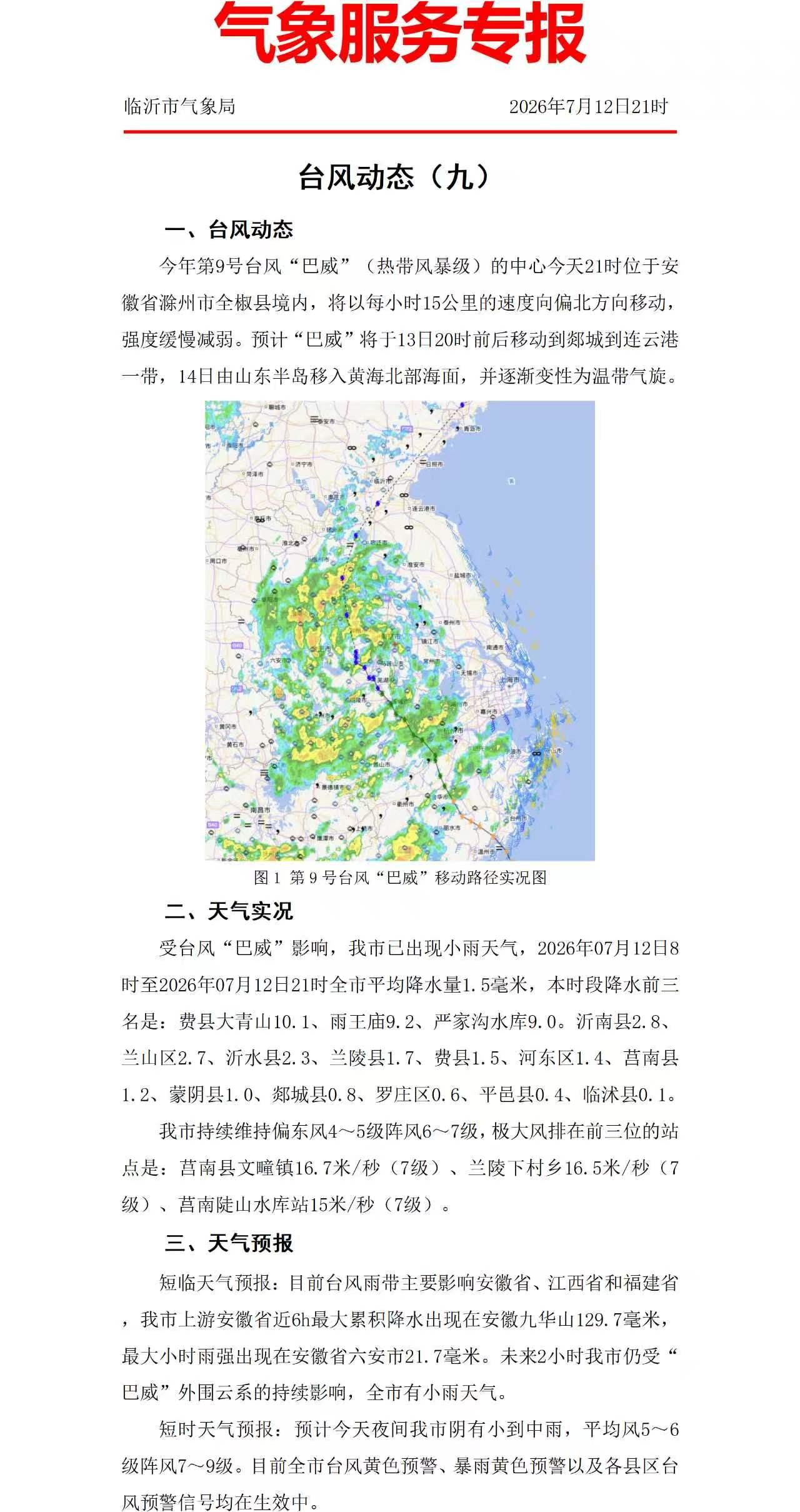 临沂气象服务专报刚刚消息，巴威卸威，山东解围，临沂一场虚惊。