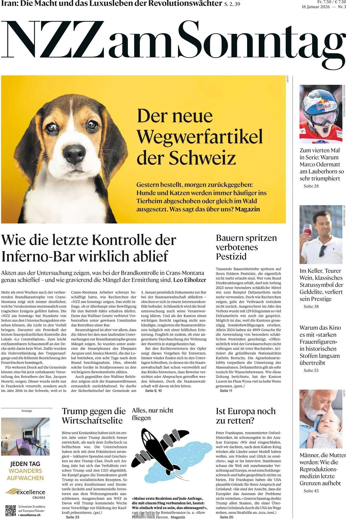 《新苏黎世报》头版报道称，瑞士新的“一次性用品”。昨天订购，明天归还：狗和猫