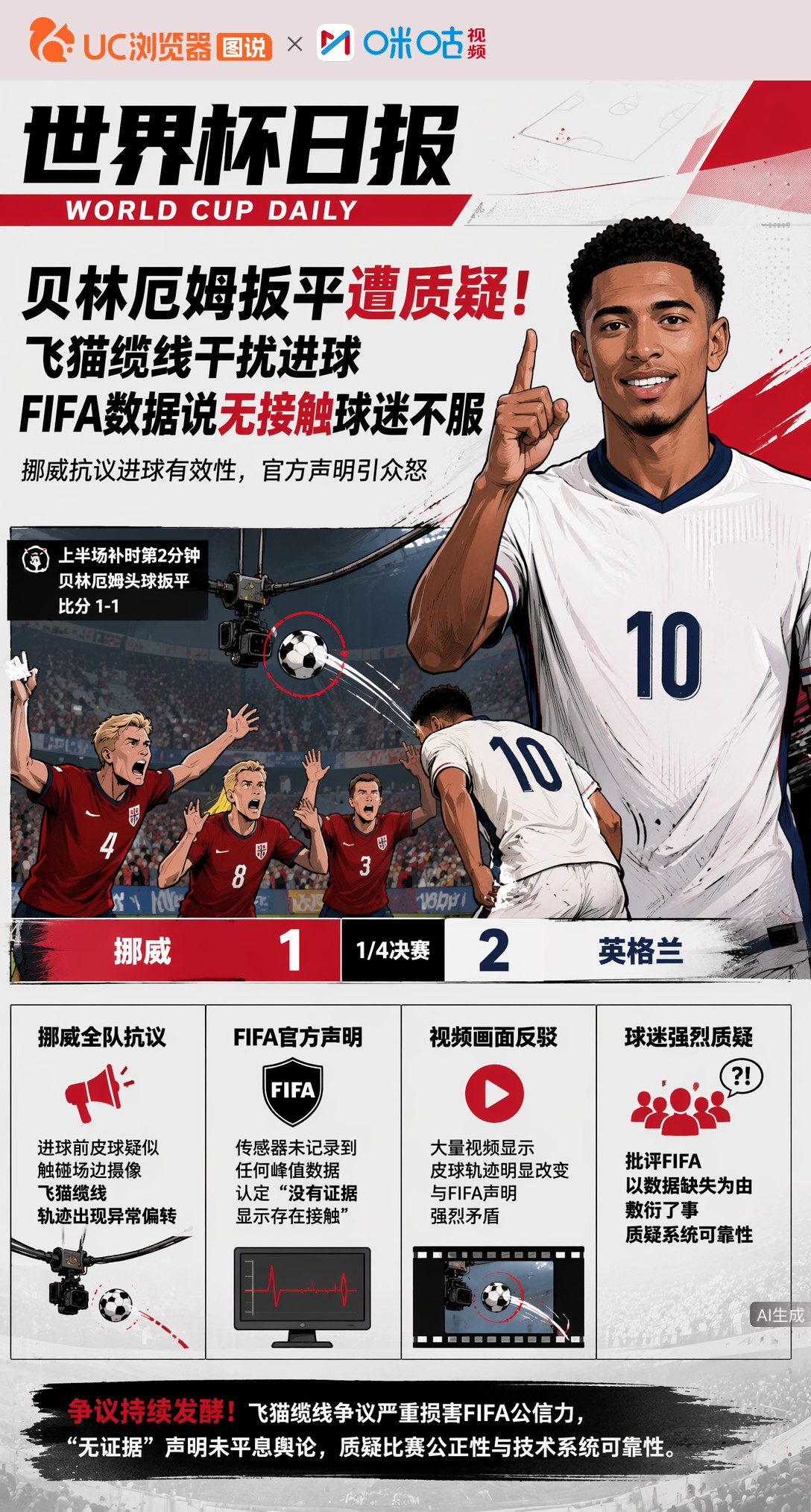 贝林厄姆扳平遭质疑！飞猫缆线干扰进球，FIFA数据说无接触球迷不服