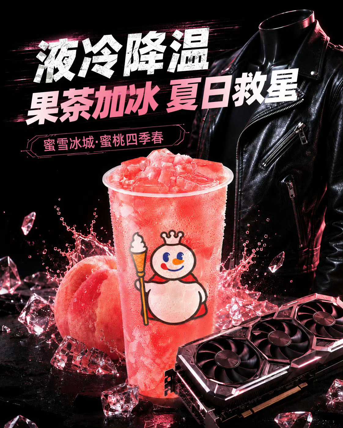 蜜雪冰城是会抓住流量的，今天黄仁勋刚喝完蜜雪的蜜桃四季春，官方下午就把海报做出来