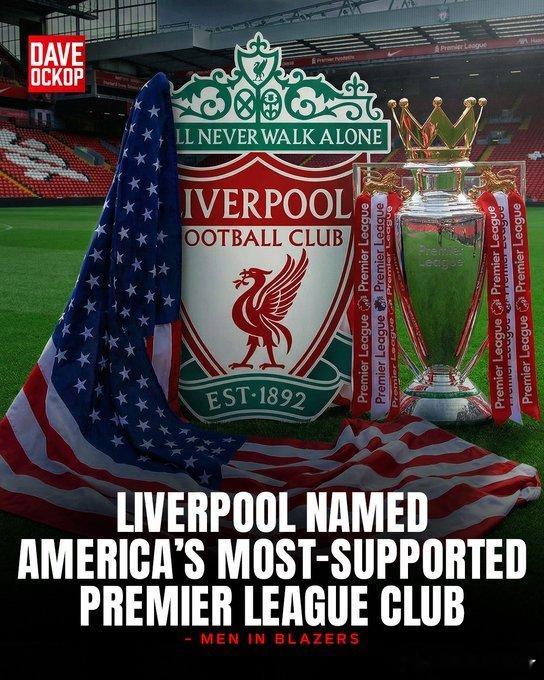来自MenInBlazers的一项调查显示，利物浦（22%）被评为美国最受欢迎的