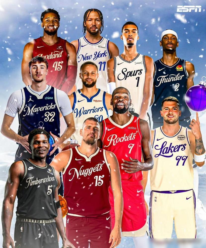 詹姆斯、浓眉没排面了！今天，美媒BR制作了本赛季参加圣诞大战球队的圣诞经典球衣，