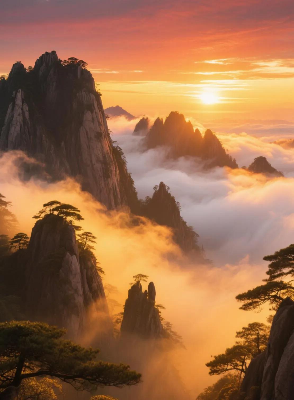 黄山夕照，群峰巍峨入云端，云海翻涌似浪，奇松怪石皆在金光中沉醉。黄山顶峰看云海