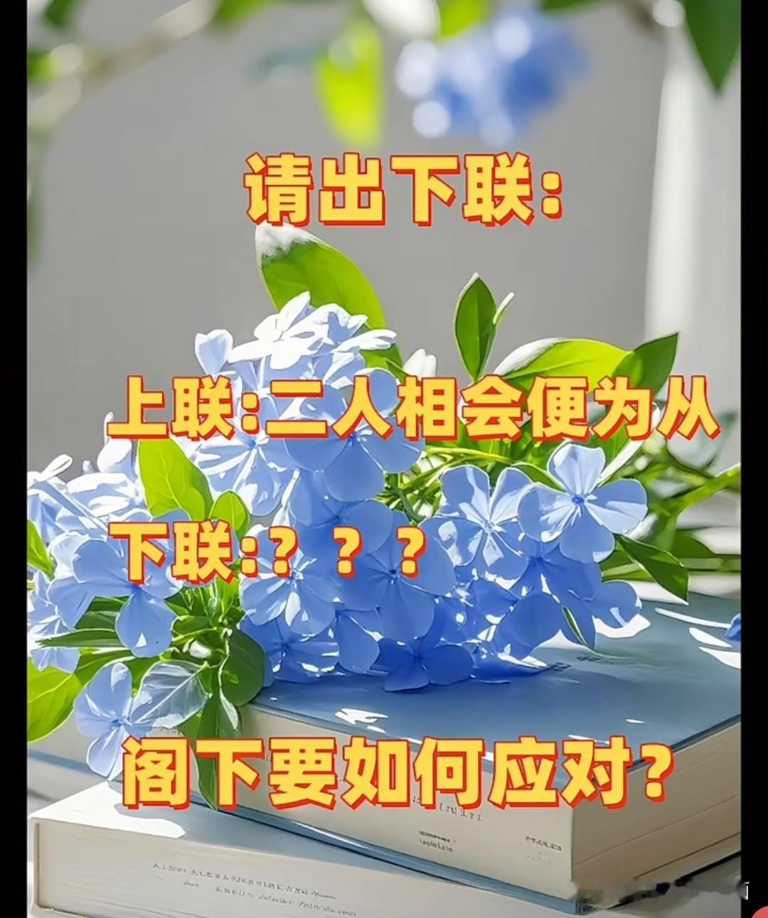 这个对联问了120个人了至今无人对出下联上联是：二人相会便为从那么