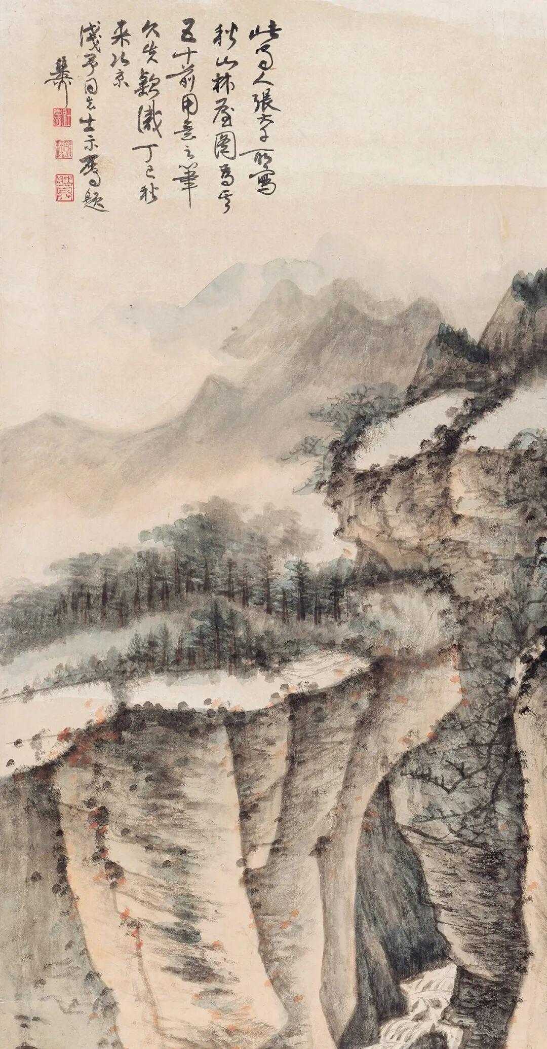 张大千《秋山林屋图》，设色纸本126.5×64.5cm。此蜀人张大千所写秋山