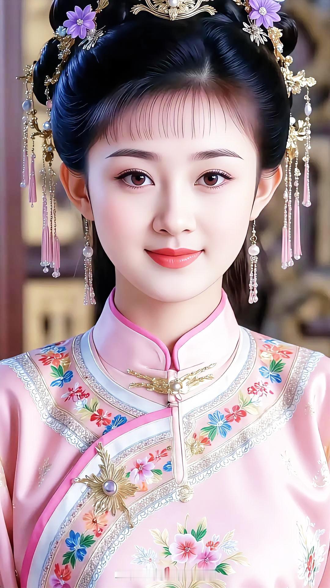 古典美人，粉衣花簪，温婉动人