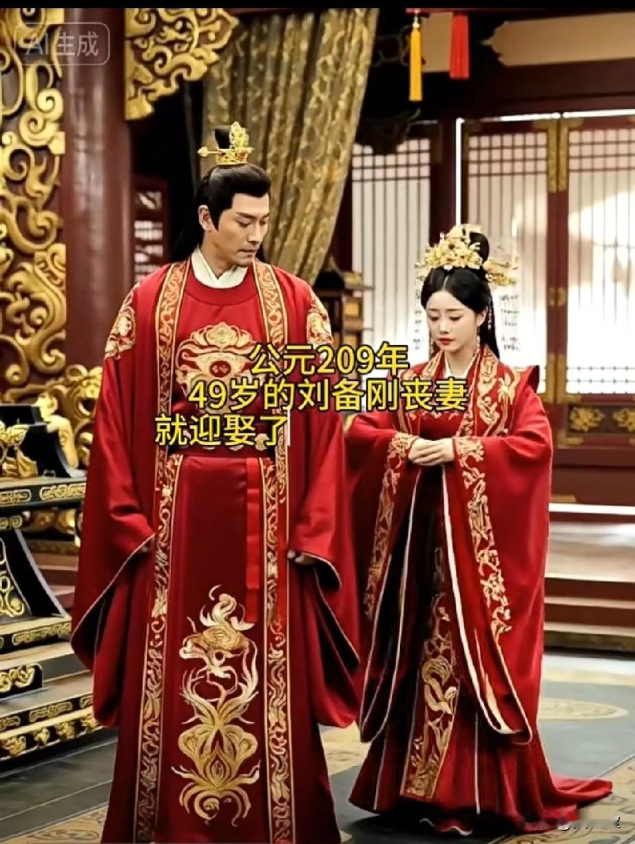 公元209年，49岁的刘备刚丧妻，就迎娶了15岁的孙尚香。新婚之夜，刘备醉