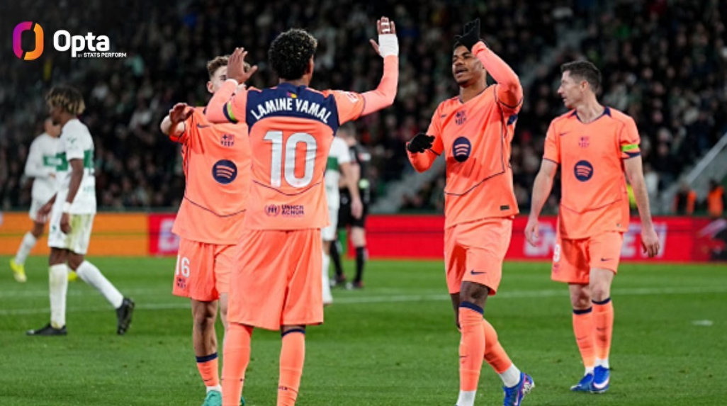 西甲第22轮，巴塞罗那客场对阵埃尔切，下半场拉什福德打入个人本赛季第10球，至此