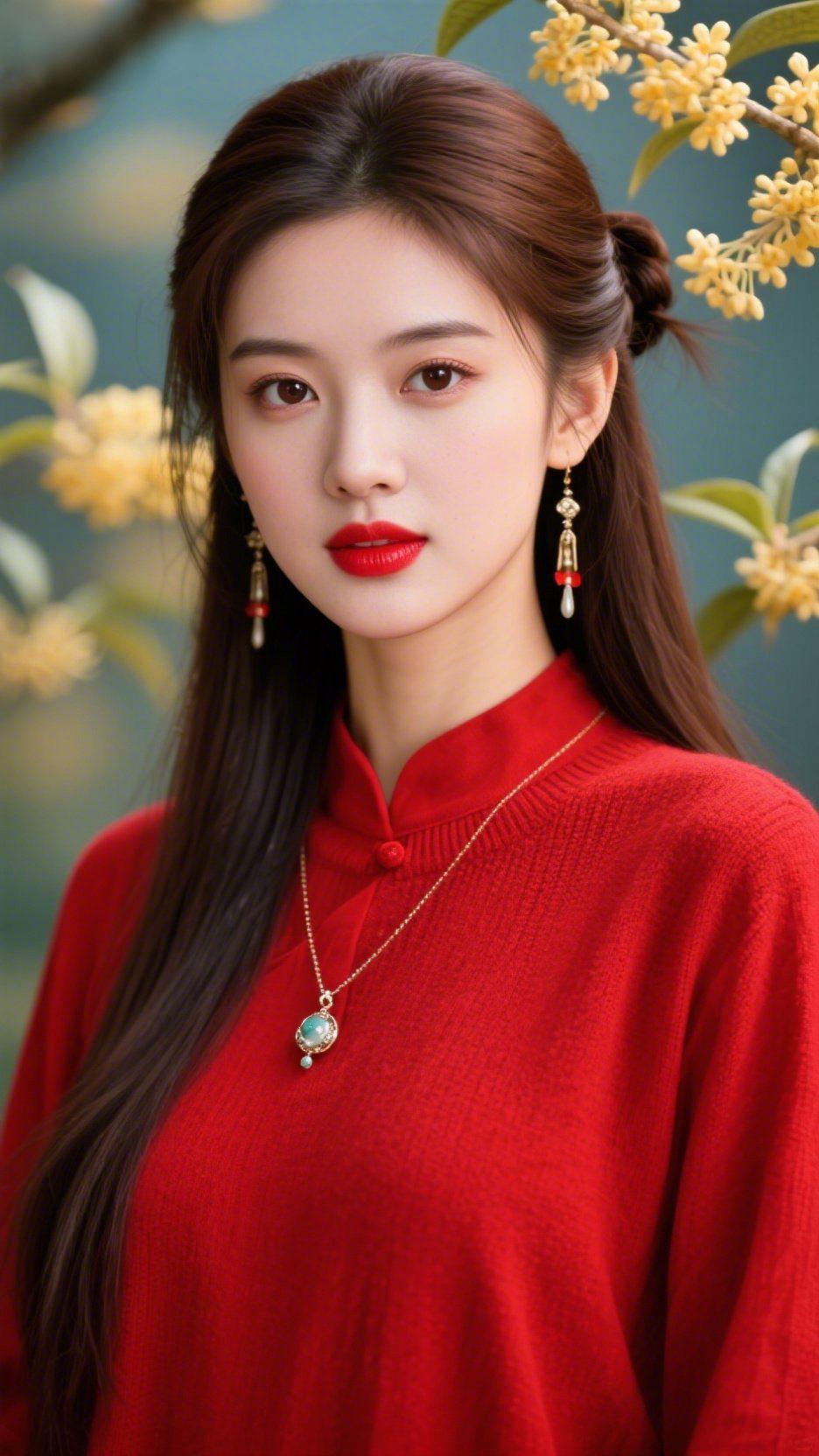 红衣伴桂香风裹着桂子的甜意漫过肩头，那簇明黄衬得她身上的红，成了秋光里最暖