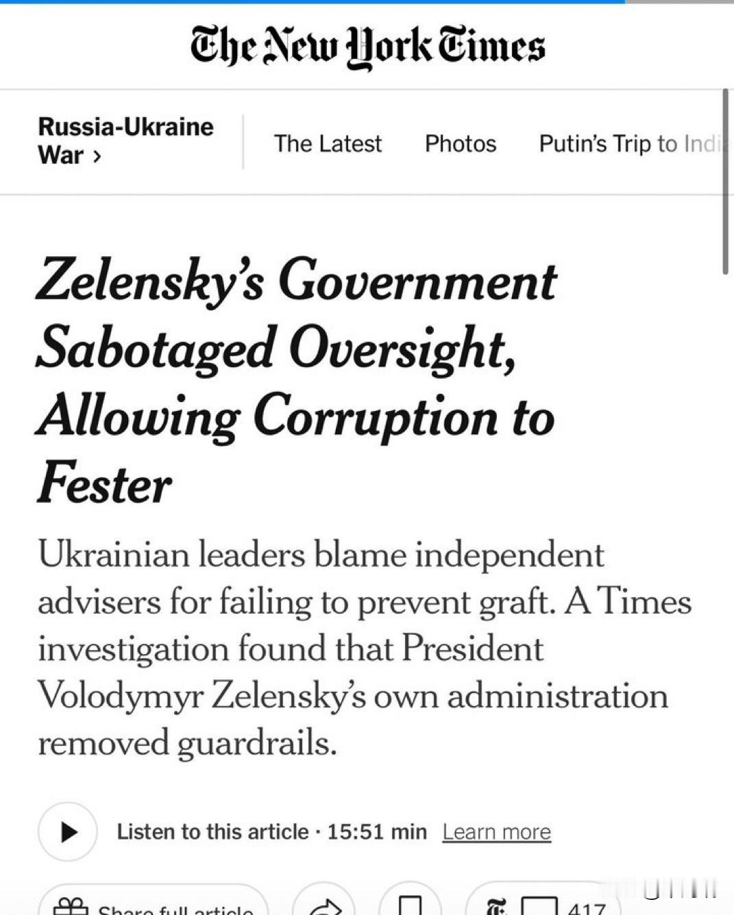 民主党的宣传工具《纽约时报》开始改变对乌克兰总统泽林斯基叙事的调子了。过去三年多
