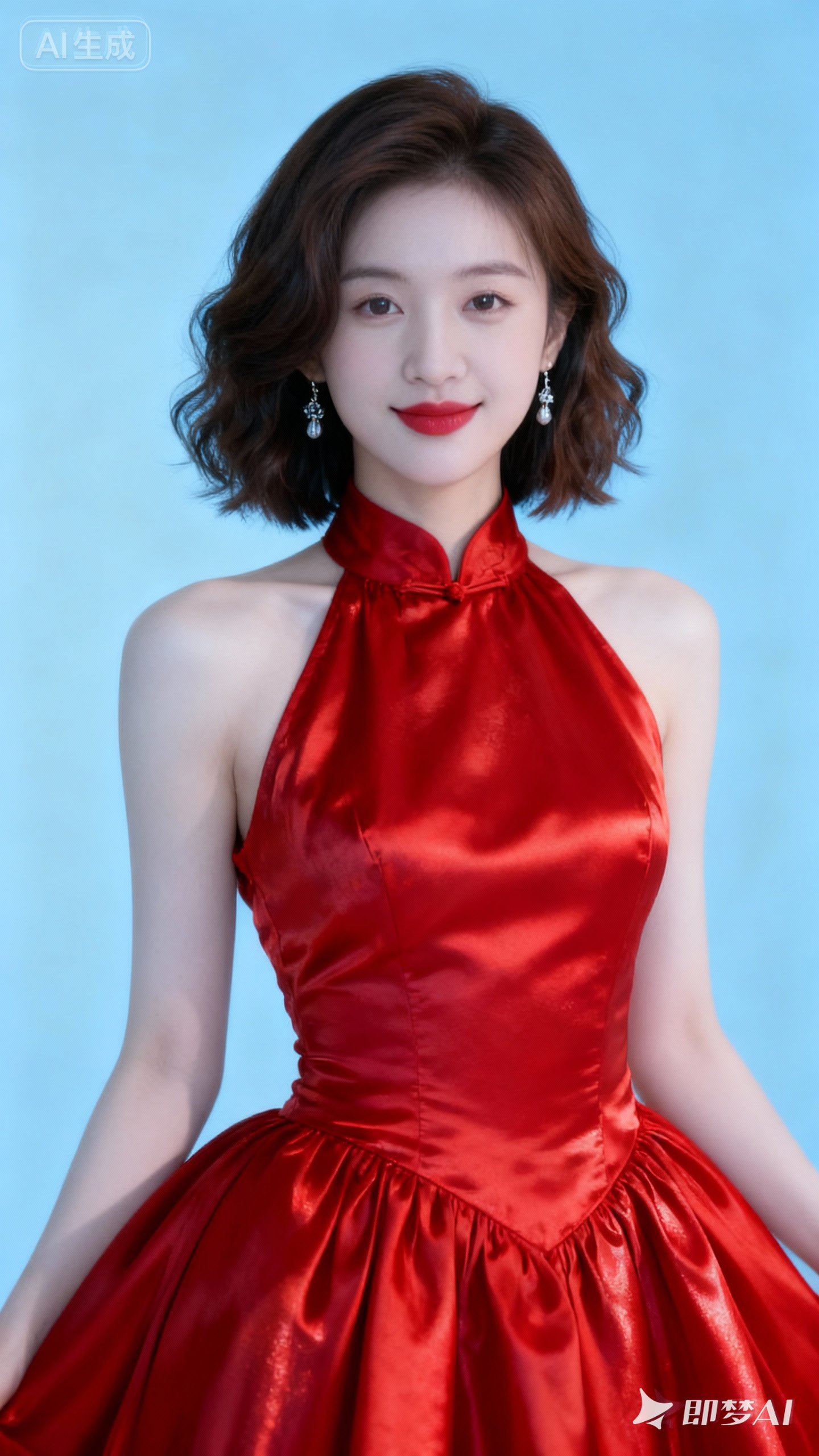 中国美女，胸形饱满，唯美迷人，注视着镜头浅笑，微卷的栗棕色七分长发，佩...