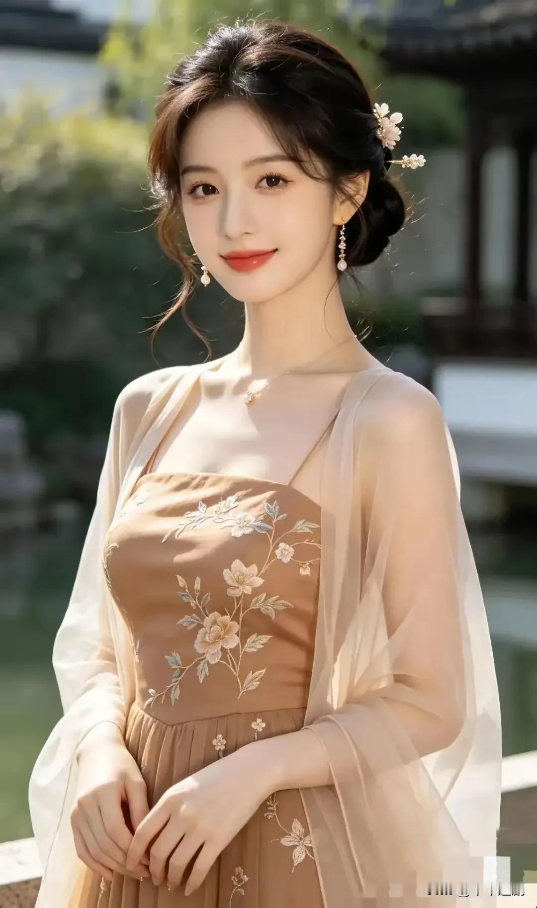 绣纹缀满衣袂，簪花轻绾青丝。庭院暖阳漫落，一颦一笑，皆是东方独有的温婉诗意。古