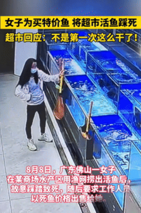 缺德缺冒烟了！广东佛山，一女子去超市买鱼，用渔网捞出来了两条大的，谁料，下一秒她