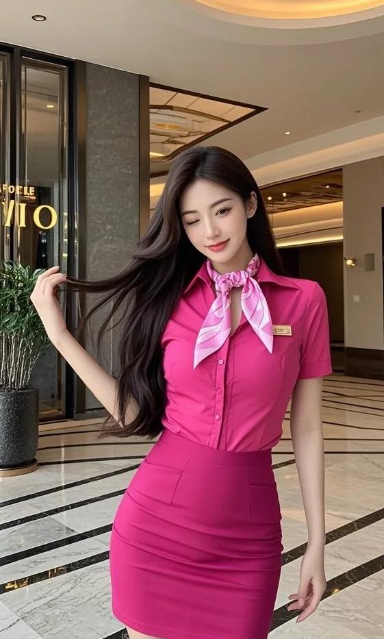 粉衣美人倚栏立，笑语如花映春光。粉裙花影粉纱花衣美人