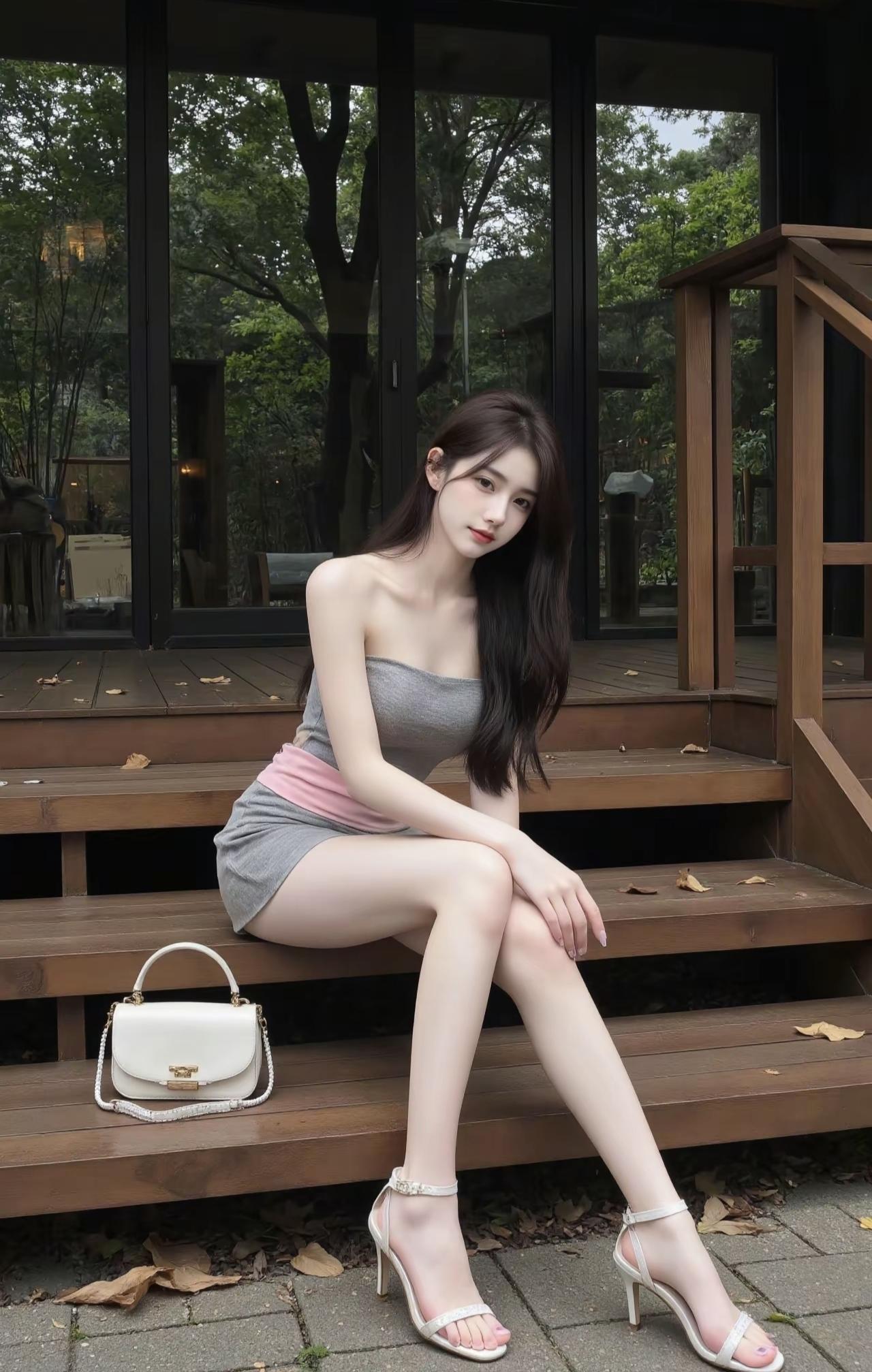 木阶沾了秋的碎念，裙摆裹着风的轻软。灰调衬肤，粉带勾甜，把松弛感揉进此刻的舒展~