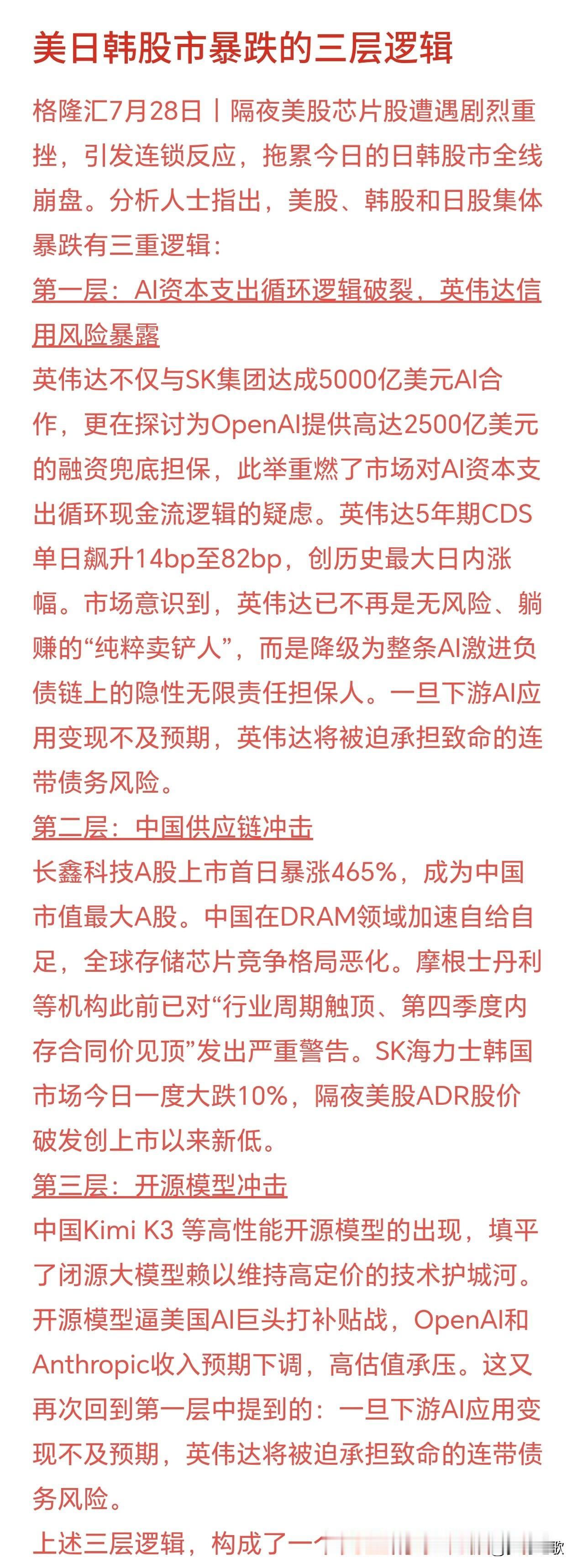 美韩日股市大跌，给出的原因居然有中国的AI叙事的冲击全球芯片股市集体大跌，是三