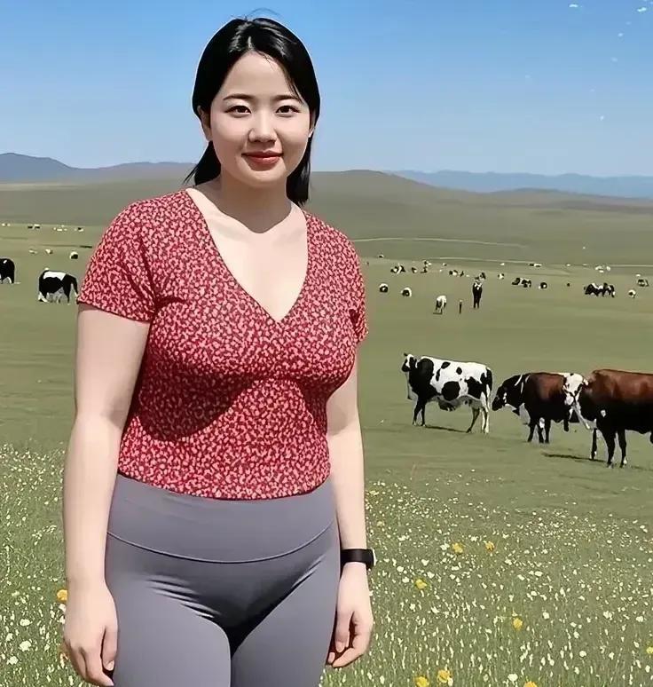 草原接天远，牛羊散作星。红衫依碧草，靓姿胜霞明。
