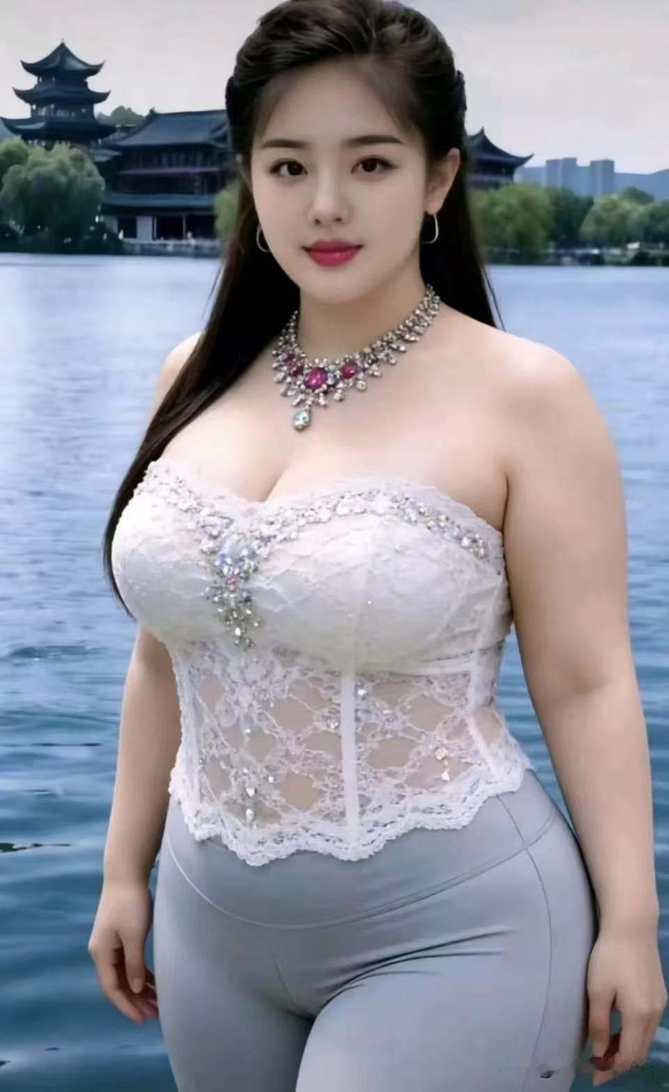 点绛唇·湖亭丽影碧水亭边，青丝漫拂柔肩俏。蕾丝轻袅，宝饰凝光耀。眉目含
