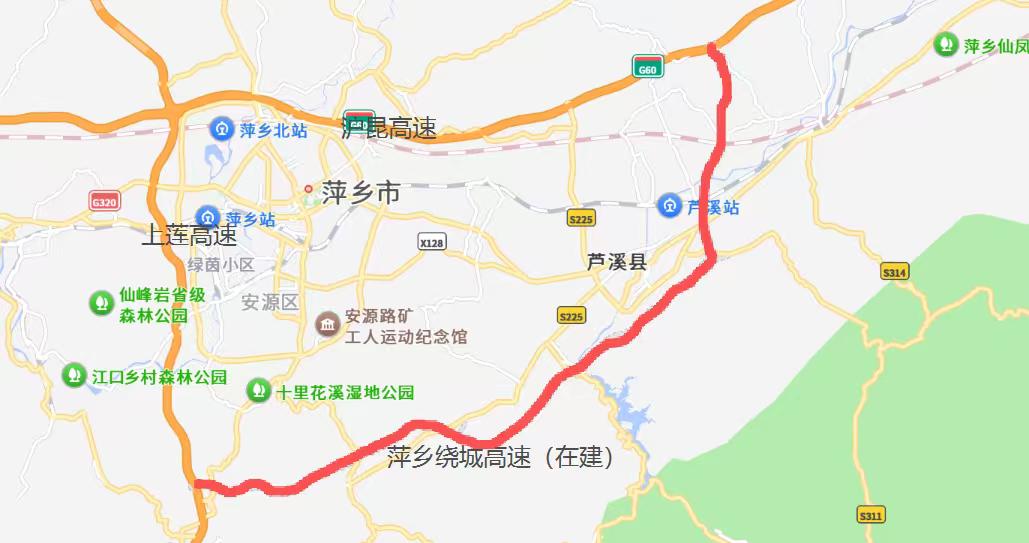 萍乡环城高速由沪昆高速、上莲高速（萍莲高速）、萍乡绕城高速组合衔接，共同构成环绕