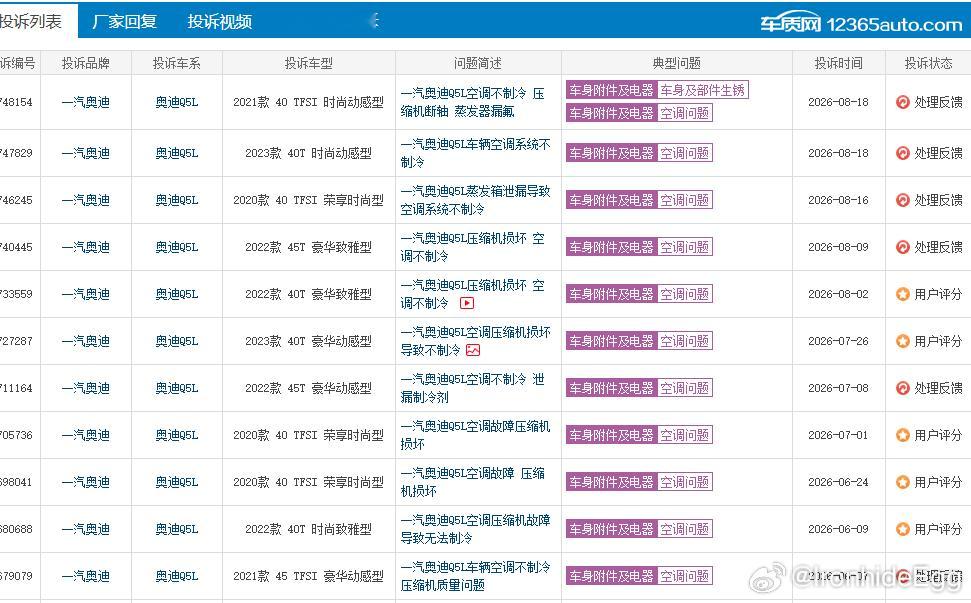 Q5L频繁出现空调压缩机损坏，车主该如何应对？众多奥迪Q5L车主反馈空调压缩机故障、冷媒泄漏，行驶途