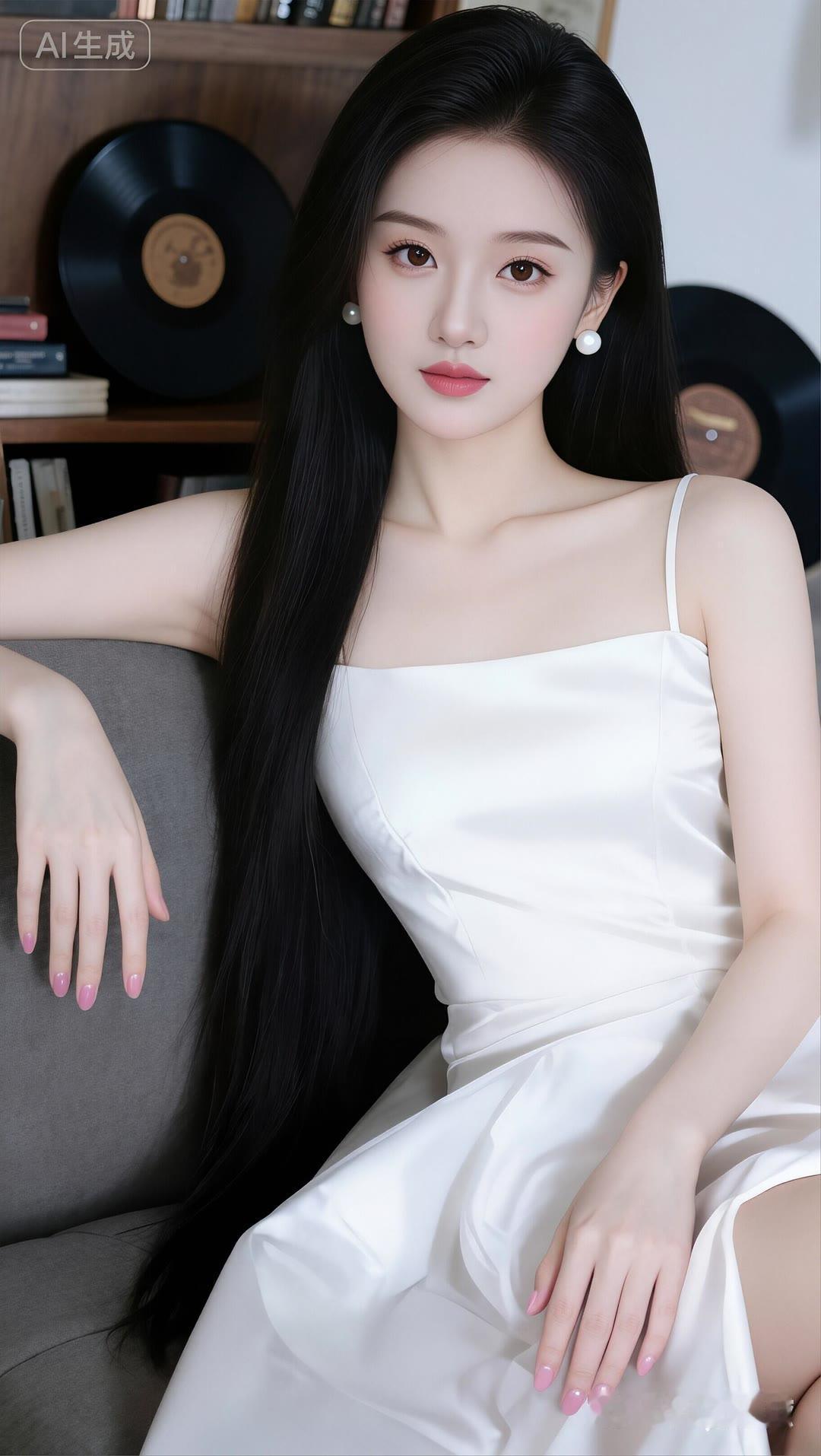 优雅黑发美人，复古唱片背景，白色连衣裙，粉嫩美甲，尽显时尚魅力。
