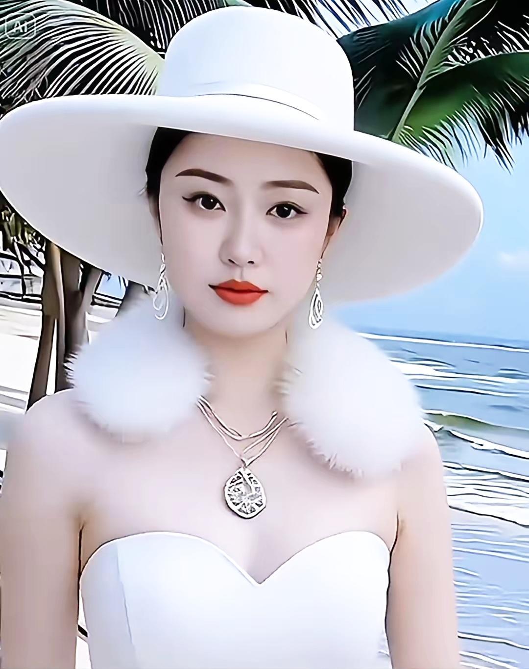 海边度假穿搭指南：白色礼帽+羽毛披肩+珍珠项链，尽显优雅与时尚！